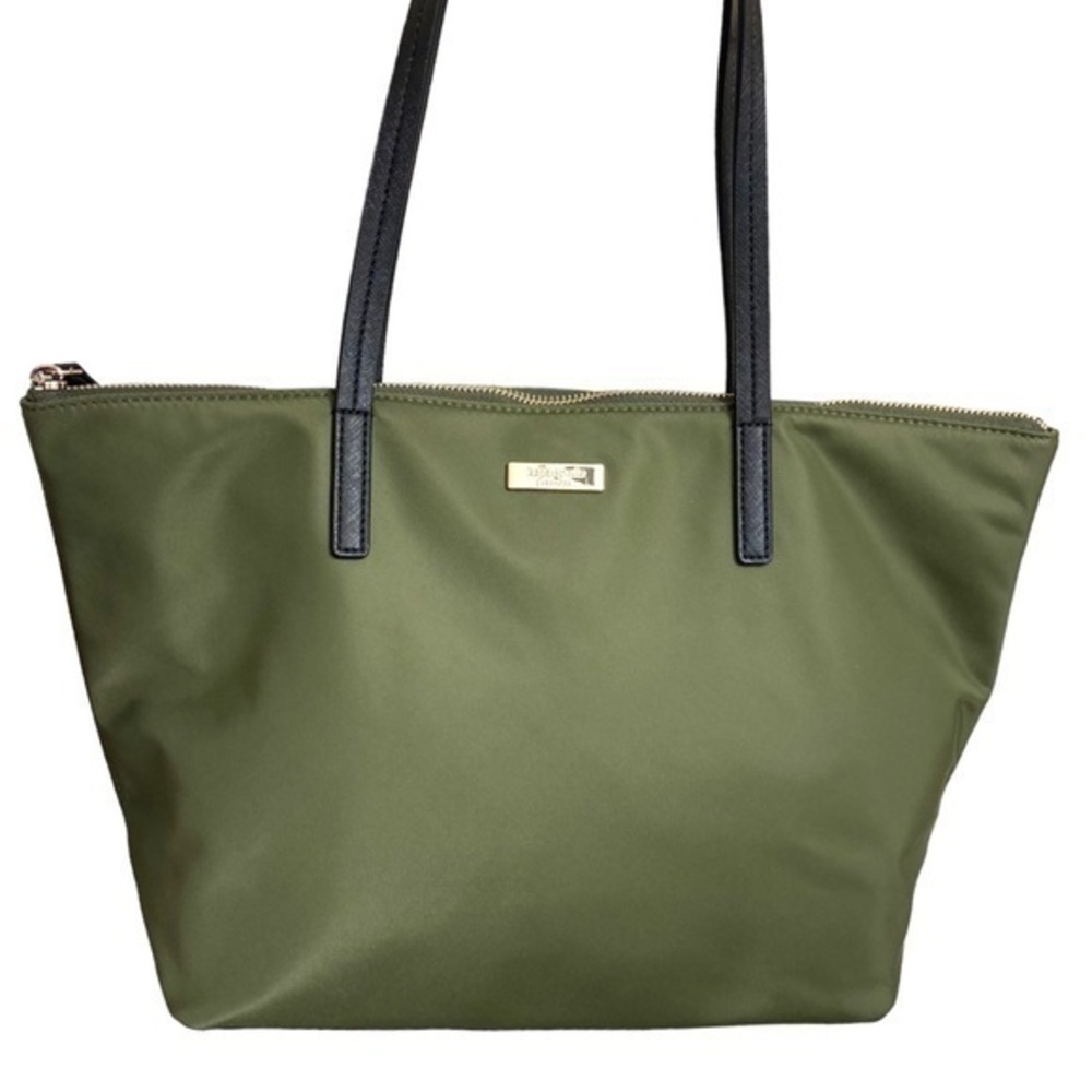 Kate spade olive green nylon black saffiano leather tote bag